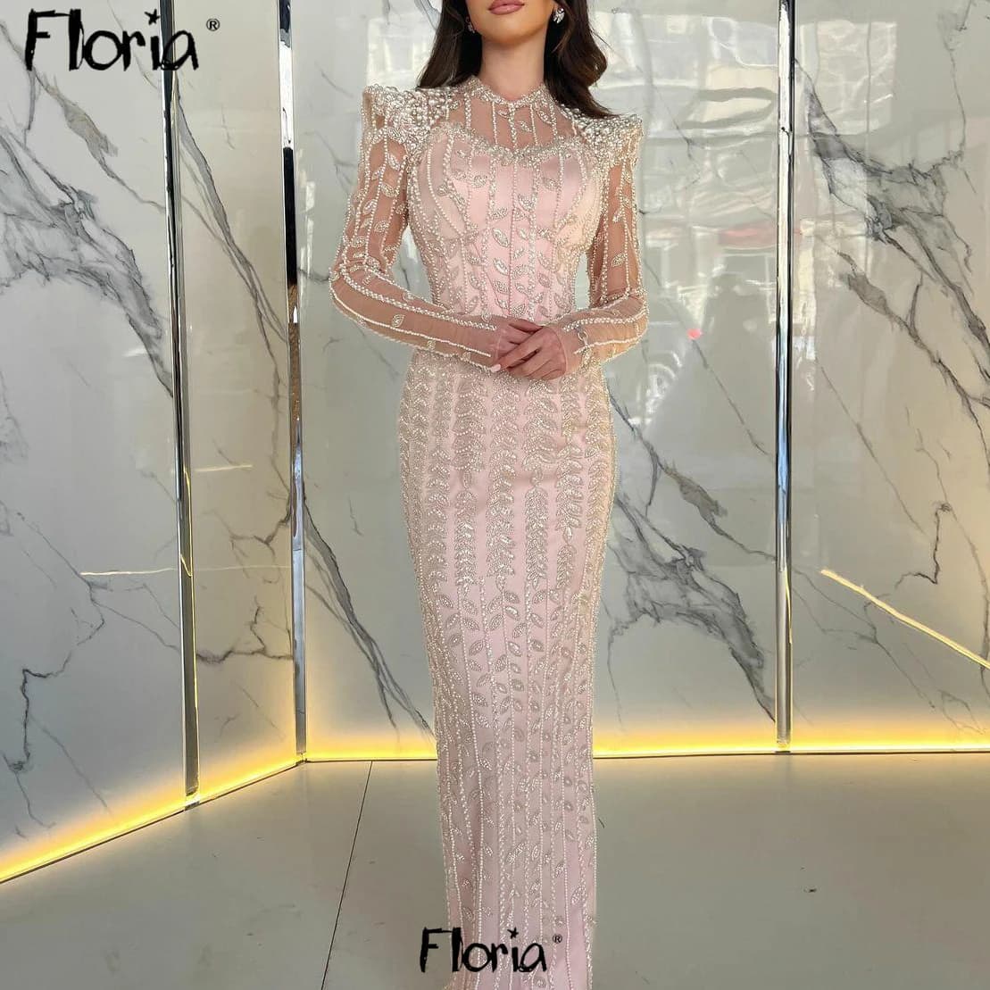 Shiny Long Sleeve Pink Party Dress Luxury Sequined Arabic Formal Prom Dress Heavy Handmade Wedding Ceremony Dresses Customized