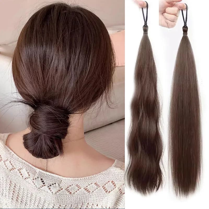 Synthetic DIY hair bun ponytail with leather band self winding ball head curly hair bun straight hair bun black brown