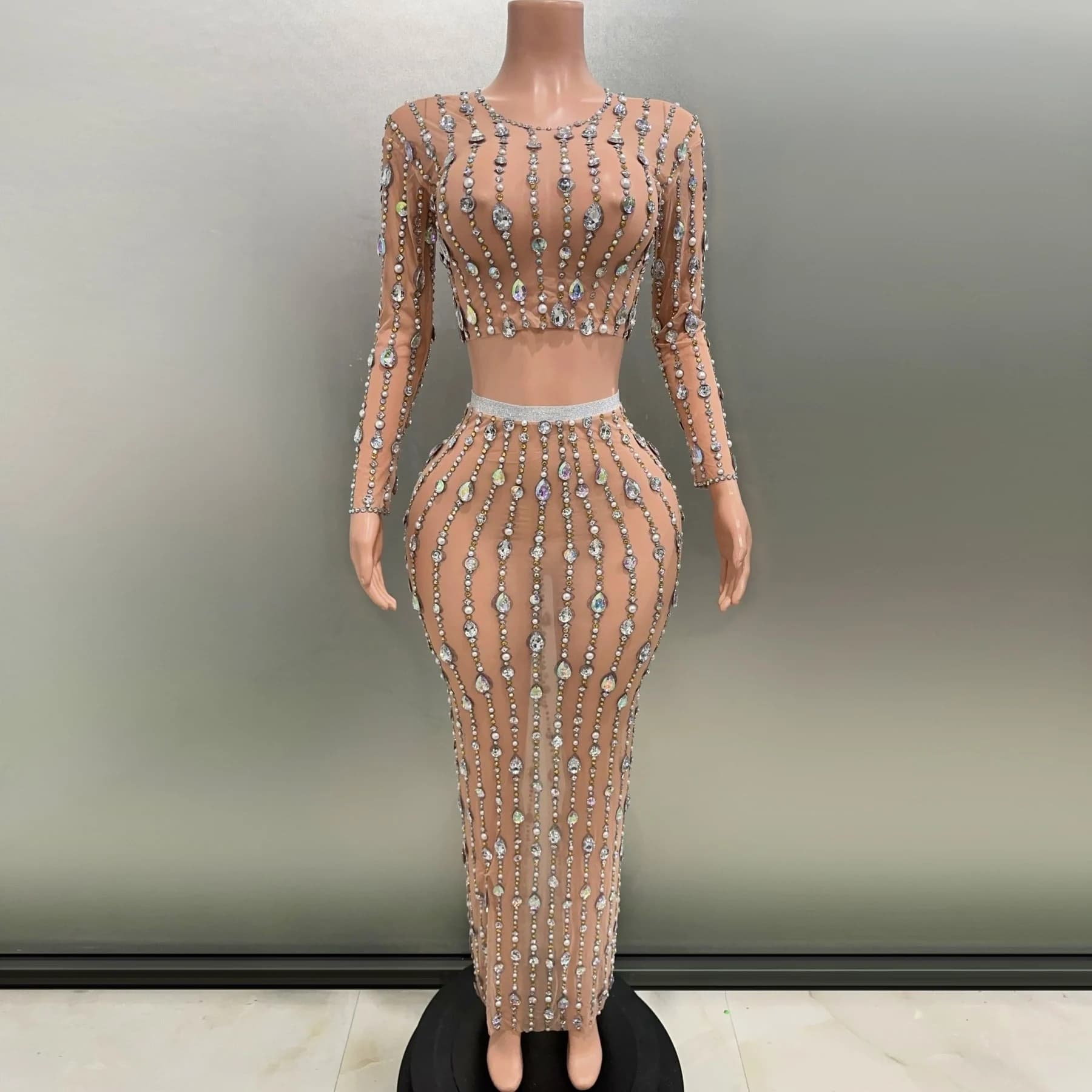 Flashing Rhinestones Sexy See-Through Tops Sheath Skirts Two Pieces Sets Birthday Evening Party Nightclub Bar Singer Stage Wear