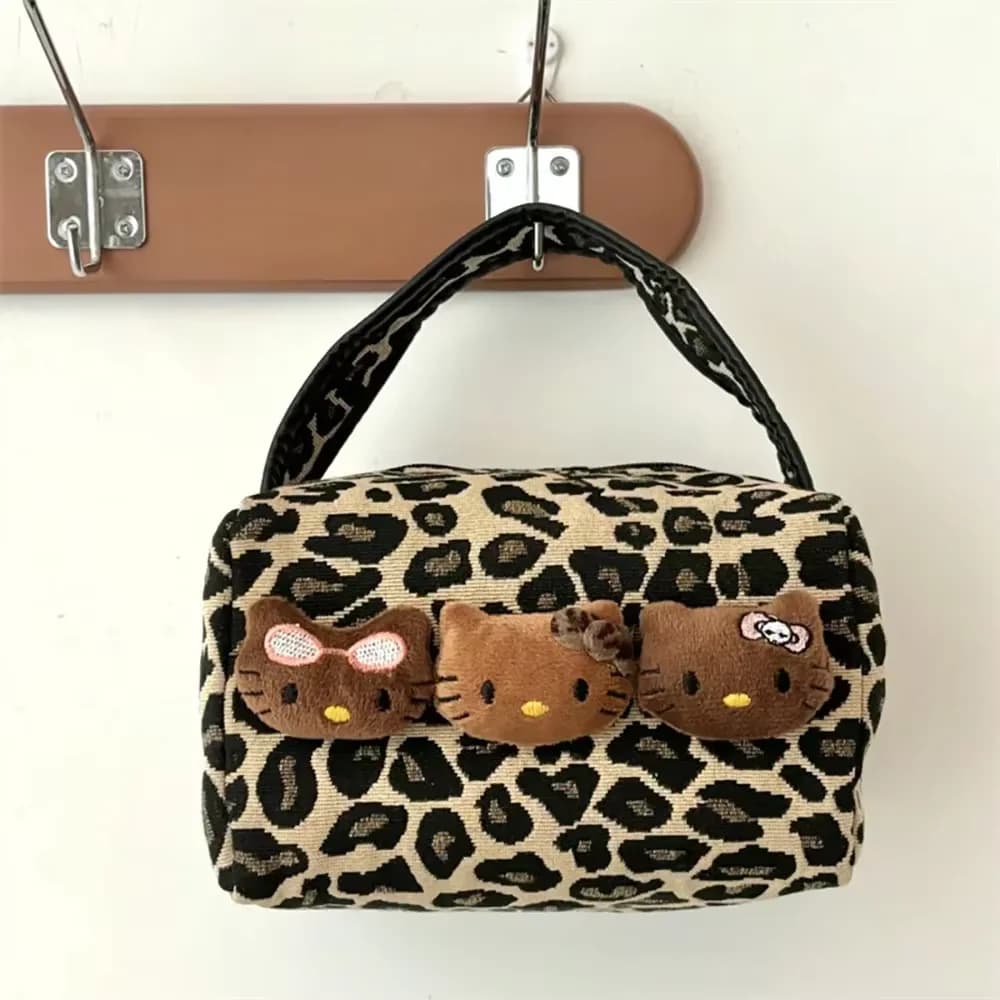 Hello Kitty Leopard Black Leather Makeup Bag For Women Large Capacity Portable Commuter Travel Handbag Skincare And Cosmetics