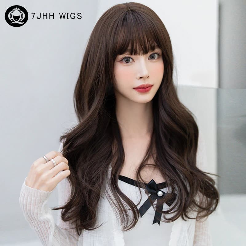 7JHH WIGS Synthetic Layered Chocolate Hair Wigs with Bangs for Women Use Fashion Long Body Wavy Dark Brown Wig Beginner Friendly