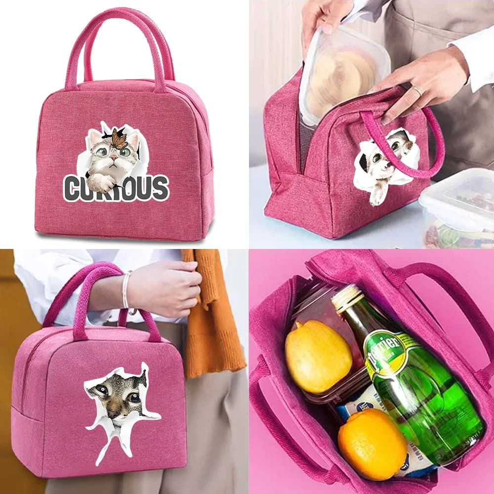 Lunch Bag Handbag Women's Travel Picnic Thermal Portable Storage Pack Cooler Food Organizer Cat Print Insulated Canvas Tote Bags