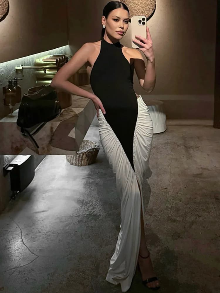 Blifanbo Patchwork Sleeveless Split Maxi Dress Women Fashion Contrast Color Halter Backless Ruched Bodycon Club Party Long Dress