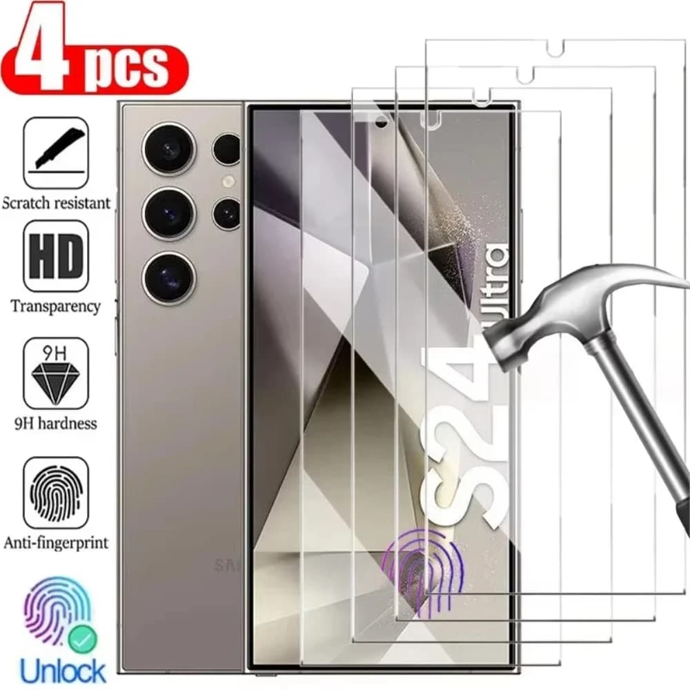 NNBILI 4PCS Full Cover Tempered Glass For Samsung Galaxy S24 S25 Ultra S24 Plus Fingerprint Screen Protector Protective HD Glass