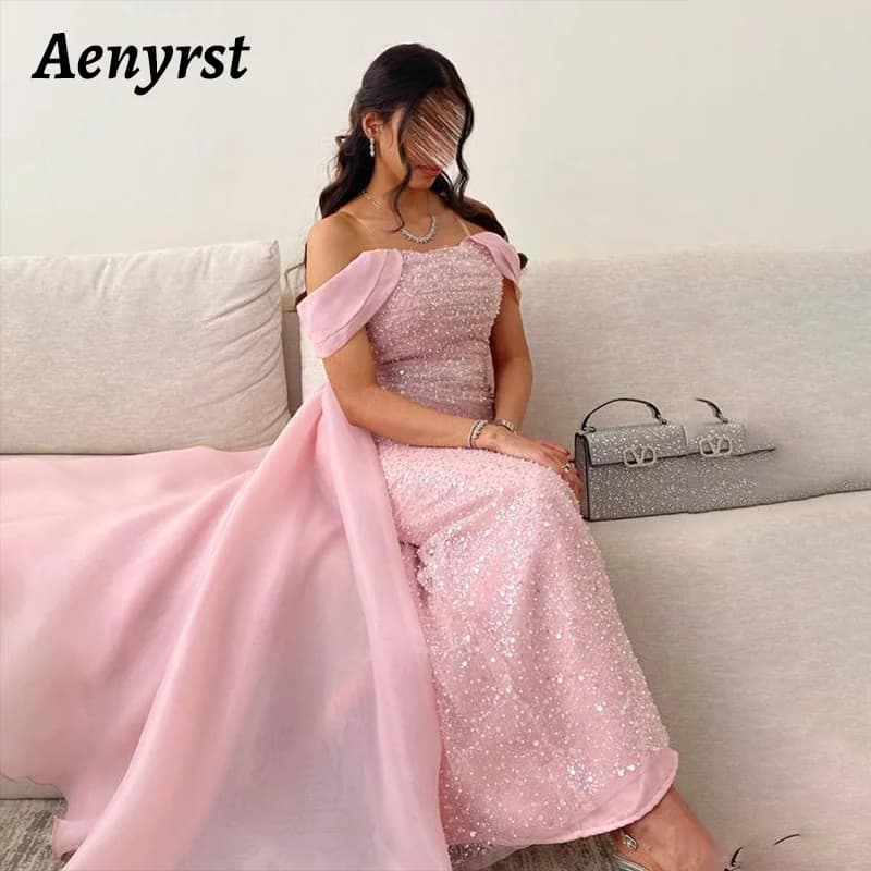 Aenyrst Pink Sequin Prom Dress Sparkling Off Shoulder Bow customized Evening Gown Ankle Length Organza Special Occasion Gowns
