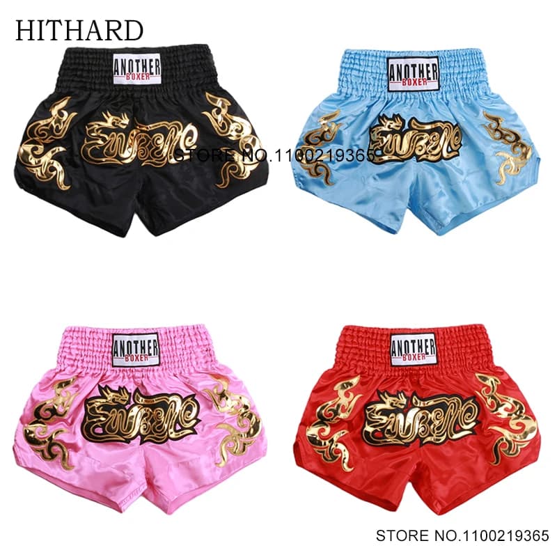 Muay Thai Shorts Modern Stylish Boxing Shorts Men Women Child Gold Embroidery Martial Arts Clothing Cage Fight Kickboxing Pants