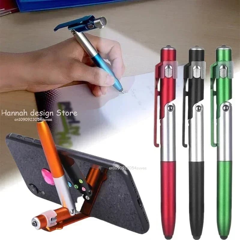 4 In 1 Multifunction Ballpoint Pen with LED Light Fold Phone Holder Night Read Writing Pencil Office School Student Stationery