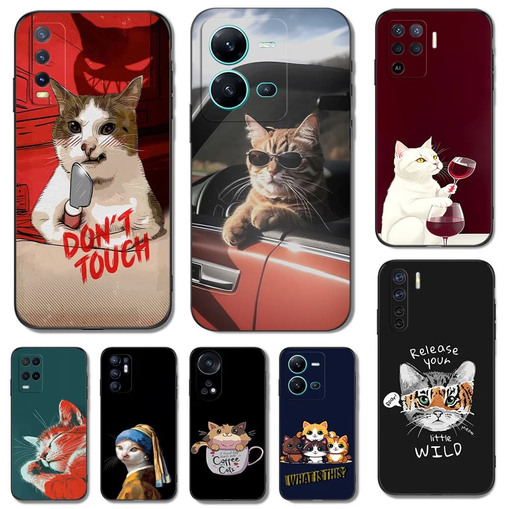 Black Tpu Case For Vivo Y21 Y51A 2021 Y21S Y33S Y51 2020 Y51S Y53s 4G Y72 5G Back Cover Cute Cat Aesthetic