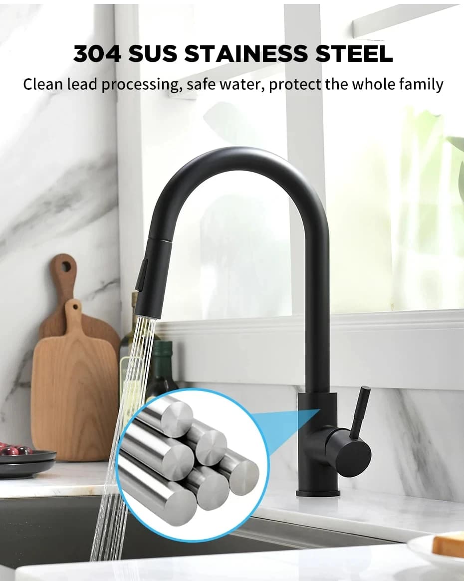 Black pull-out 304 kitchen sink faucet, dual function hot and cold water mixing faucet, countertop installation