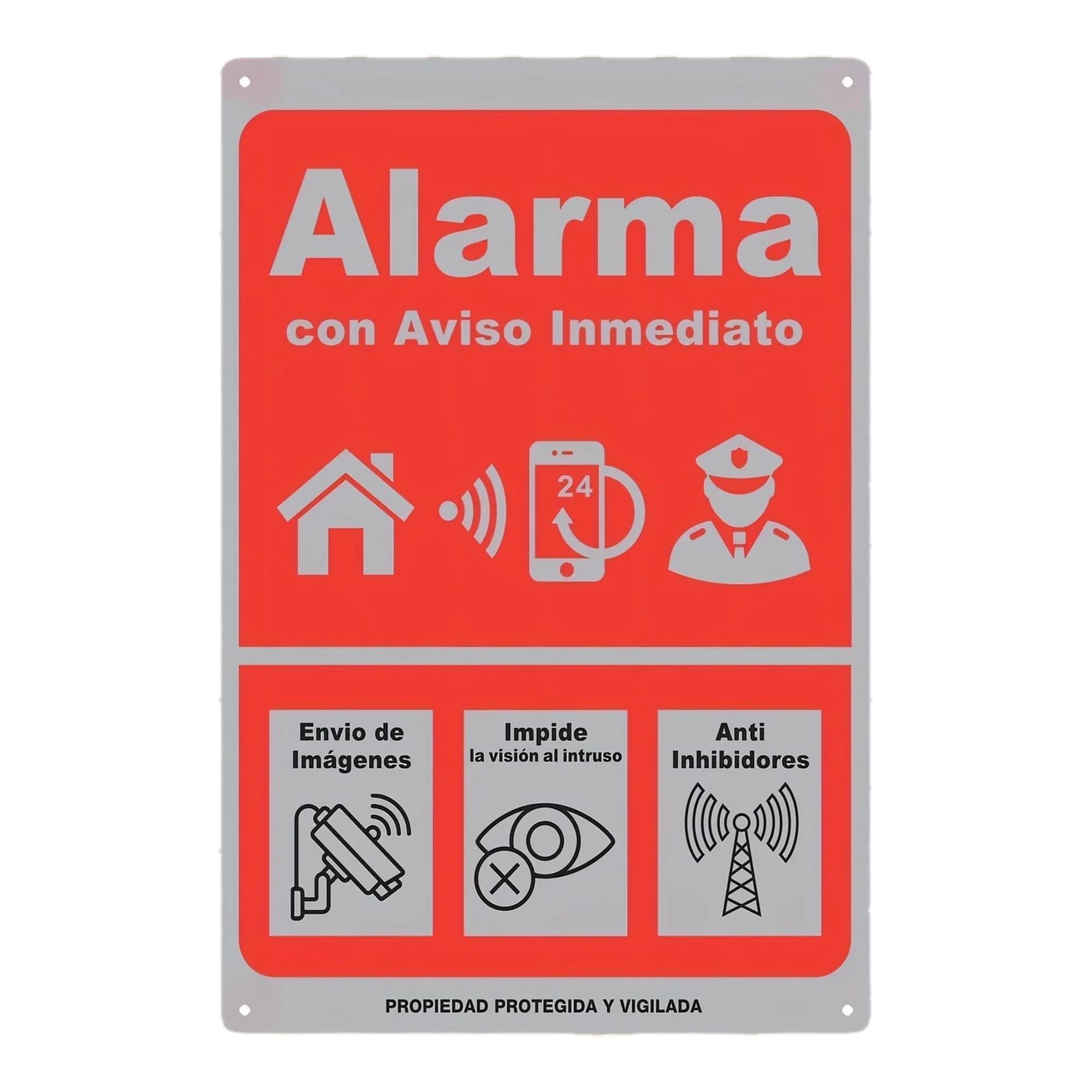 Instant Alert Alarm Sign - Iron Wall Decor, , Red with White Icons, Anti-Intrusion Vision, Anti-Inhibitors, 24/7 Protection, P