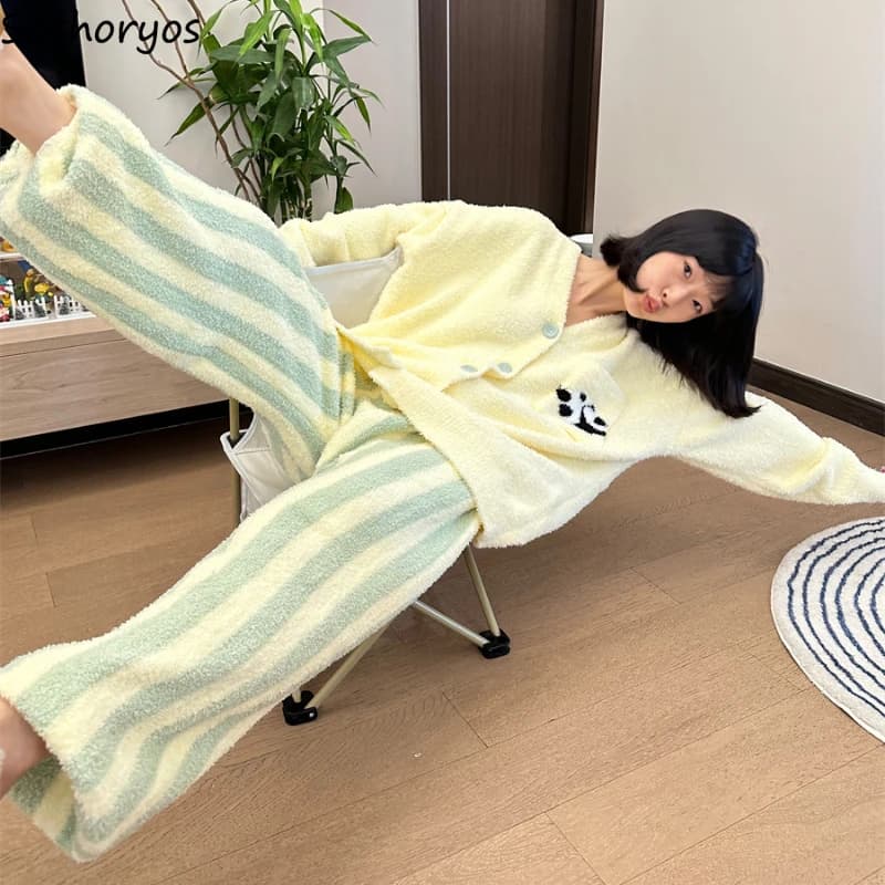Pajama Sets Women Polar-fleece Soft Panda Chic Thickened V-neck Homewear Trendy Comfortable Ins Korean Fashion Autumn Winter