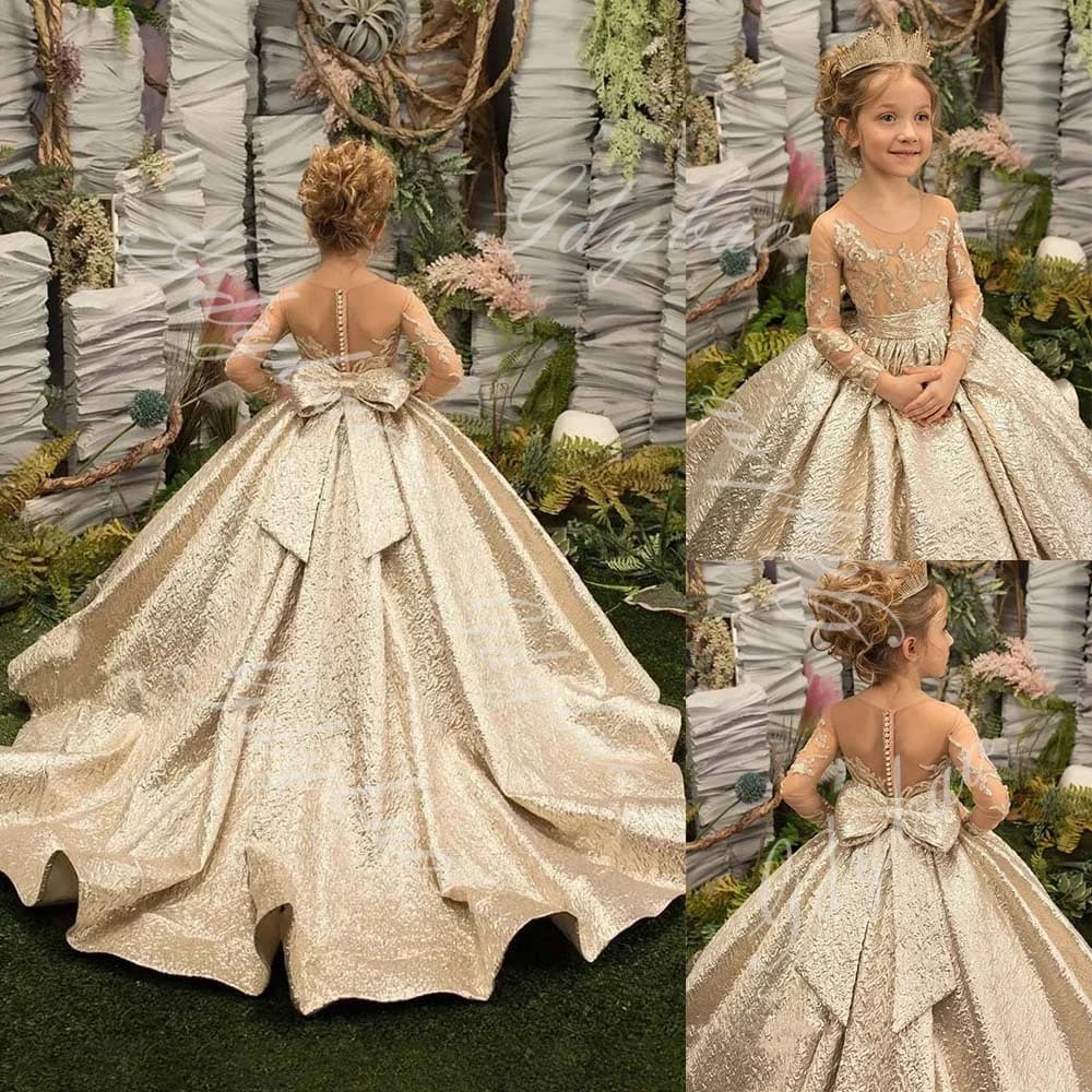 Gold Satin Flower Girl Dress for Kids Sheer Neck Sequin Applique Bow Wedding Party Ball Gown Full Sleeve Birthday Pageant Dress
