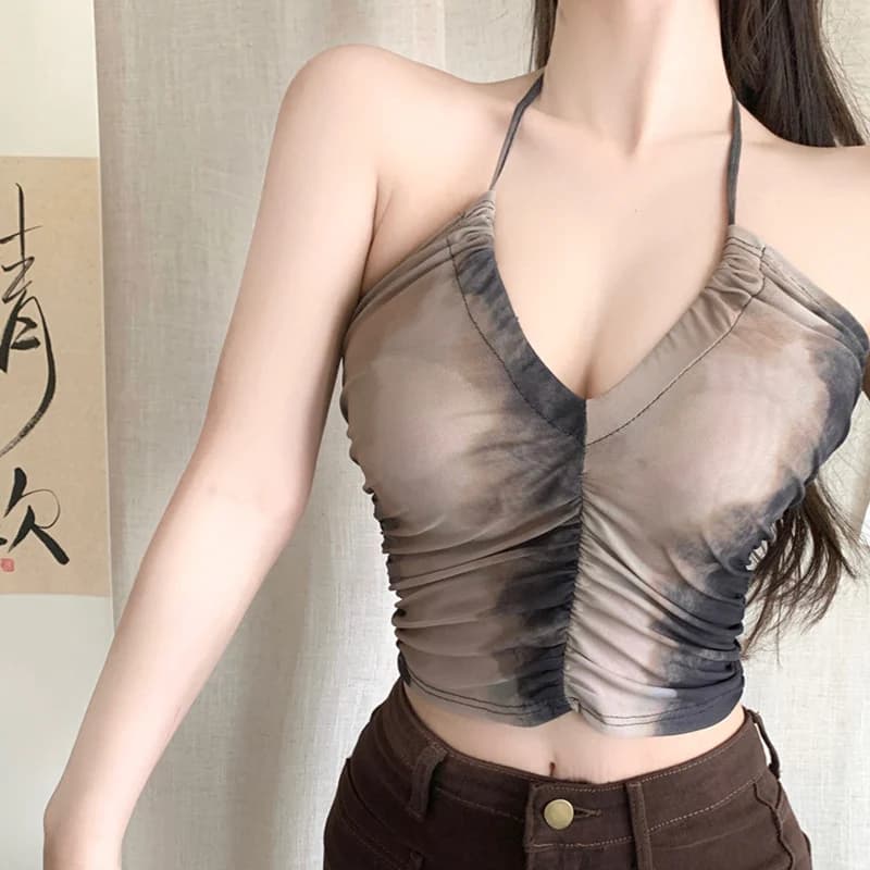 Women's Camisole Tie-dye Halter Sleeveless Tank Tops Pleated Slim Sexy Crop Top Hot Girl Streetwear Spring Summer Neck Strap