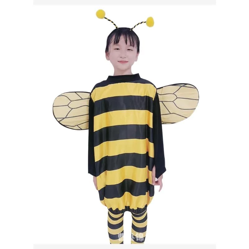 Bee Costume Kids Halloween Cosplay Set Bee Dress with Wings Heandband Leg Sleeves and Hair Hoop for Stage Show Dress Up