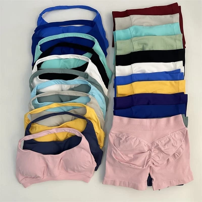 No Logo 2PCS Seamless Yoga Set Shorts Set Workout Scrunch Shorts Sets Halter Sports Bra Scrunch Shorts Fitness Clothes Gym Suit