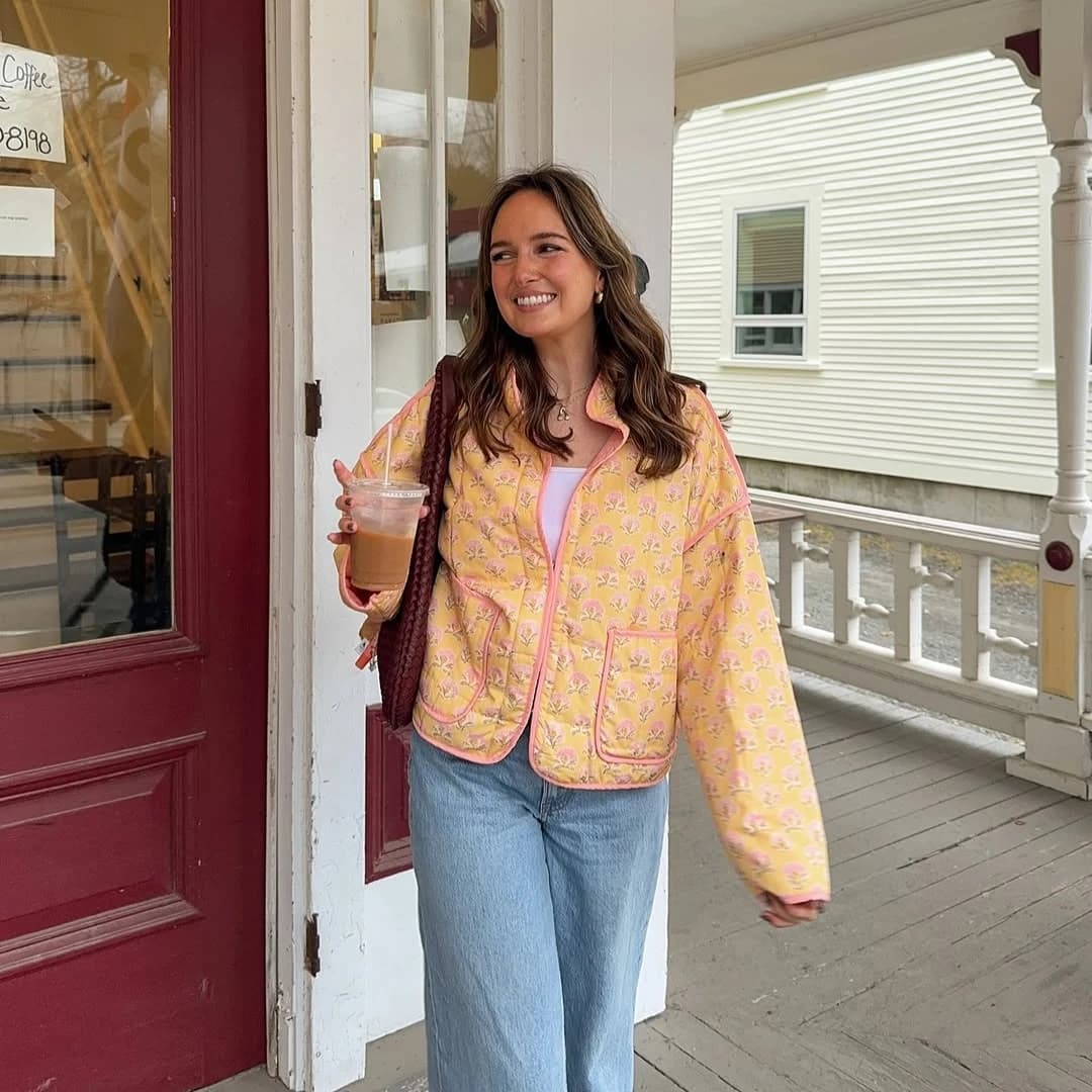 Suninheart Print Quilted V Neck Cotton Jacket Fashion Long Sleeved Quilted Coats Single Breasted Loose Coat Autumn New Outerwear