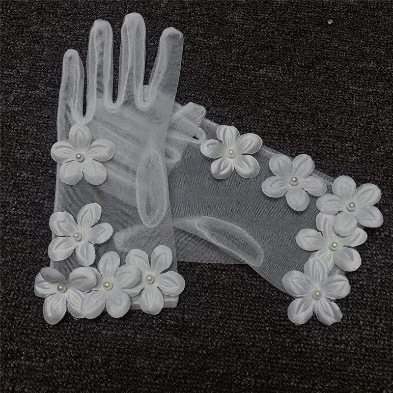 Korean Simple Short White Transparent Mesh Flower Pearl Wedding Dresses Gloves For Bride Evening Parties etiquette Accessories