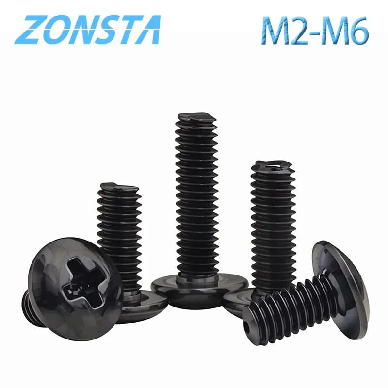 M2 M2.5 M3 M3.5 M4 M5 M6 Phillips Truss Head Screws Big Large round Mushroom Head Bolt Black Plated Carbon Steel TM Screw