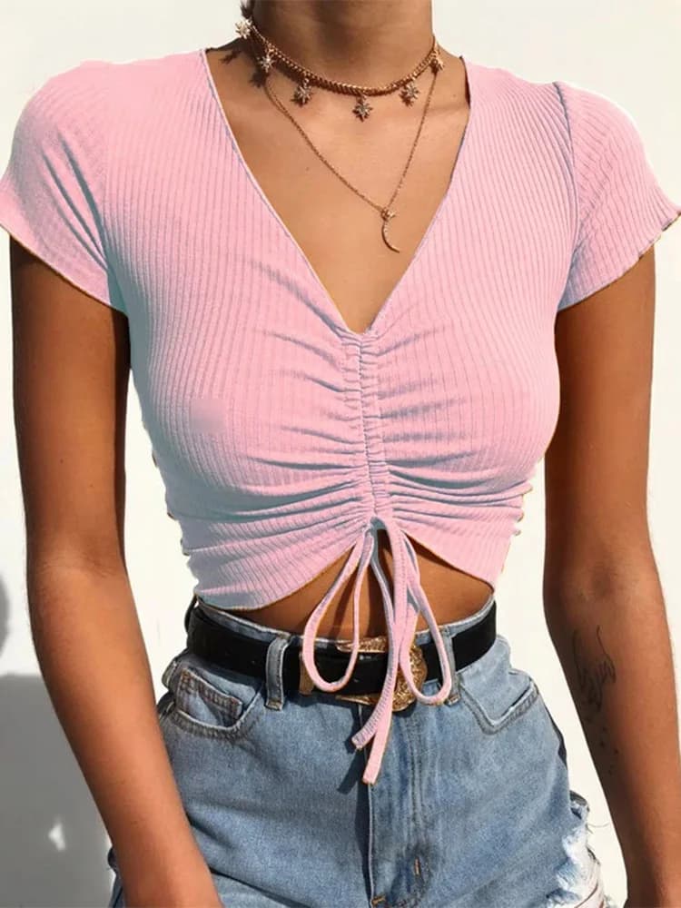 Sexy V Neck Cropped Tank Tops Women Drawstring Tie Up Front Camis Candy Colors Streetwear Slim Fit Ribbed Crop Top