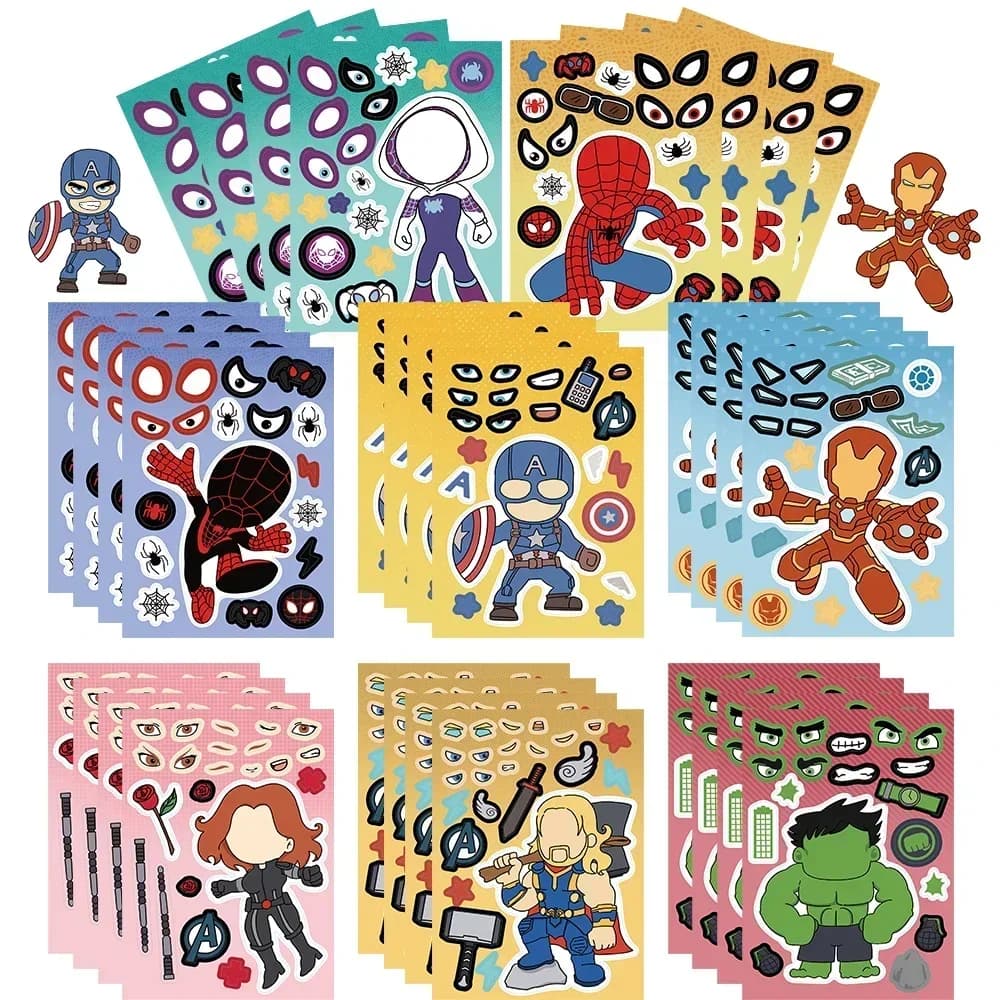 8/16Sheets Disney Marvel Spiderman Puzzle Stickers Make a Face Iron Man Sticker DIY Notebook Children Assemble Kids Jigsaw Toys