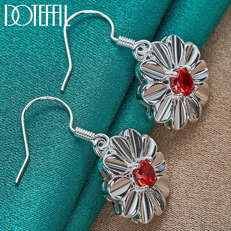 DOTEFFIL 925 Sterling Silver AAA Red Zircon Flower Drop Earrings Charm Women Jewelry Fashion Wedding Engagement Party Gift