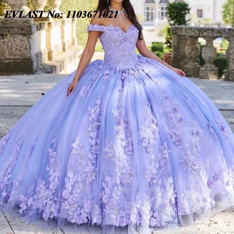 EVLAST Customized Lavender Quinceanera Dress Ball Gown 3D Flower Applique Beaded Corset Sweet 16 Vestidos De XV 15 Anos SQ69