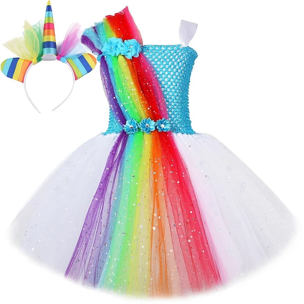 Sparkly Rainbow Pony Costumes for Girls Christmas Halloween Tutu Dress Kids Unicorn Horse Outfit Children Birthday Party Clothes