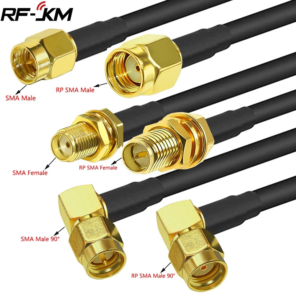 SMA Male to SMA Female RG58 50ohm Cable Coaxial Extension Connector RPSMA Plug Jack Right Angle Crimp Brass RF