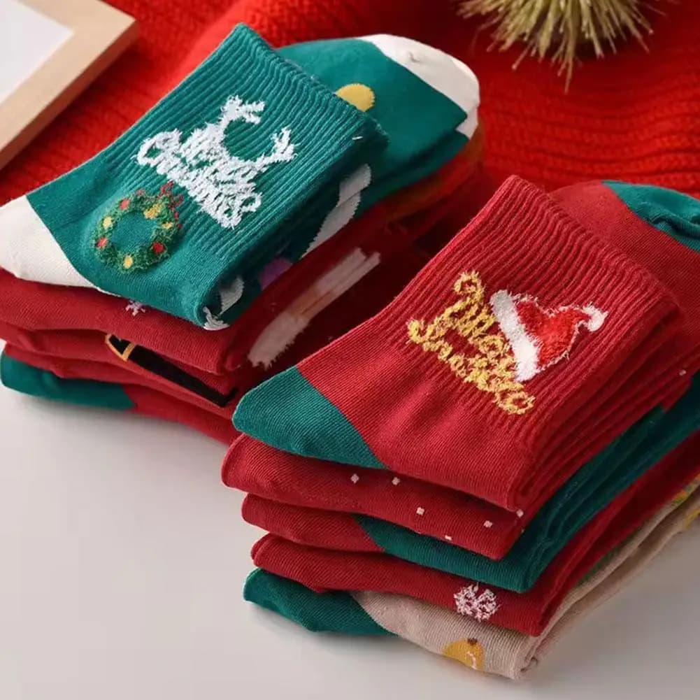 5Pairs Cotton Christmas Socks Ornaments Christmas Party Children Adult Gift Santa Reindeer Pattern Xmas New Year Decoration