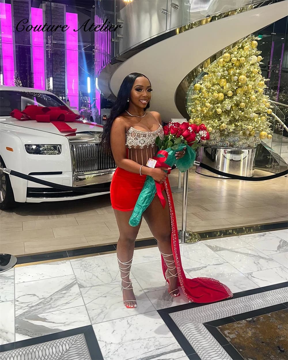 Red Velvet Christmas Day Prom Dresses For Black Girls 2024 Birthday Luxury Party Dress With Beaded Train Mermaid Gala Customized