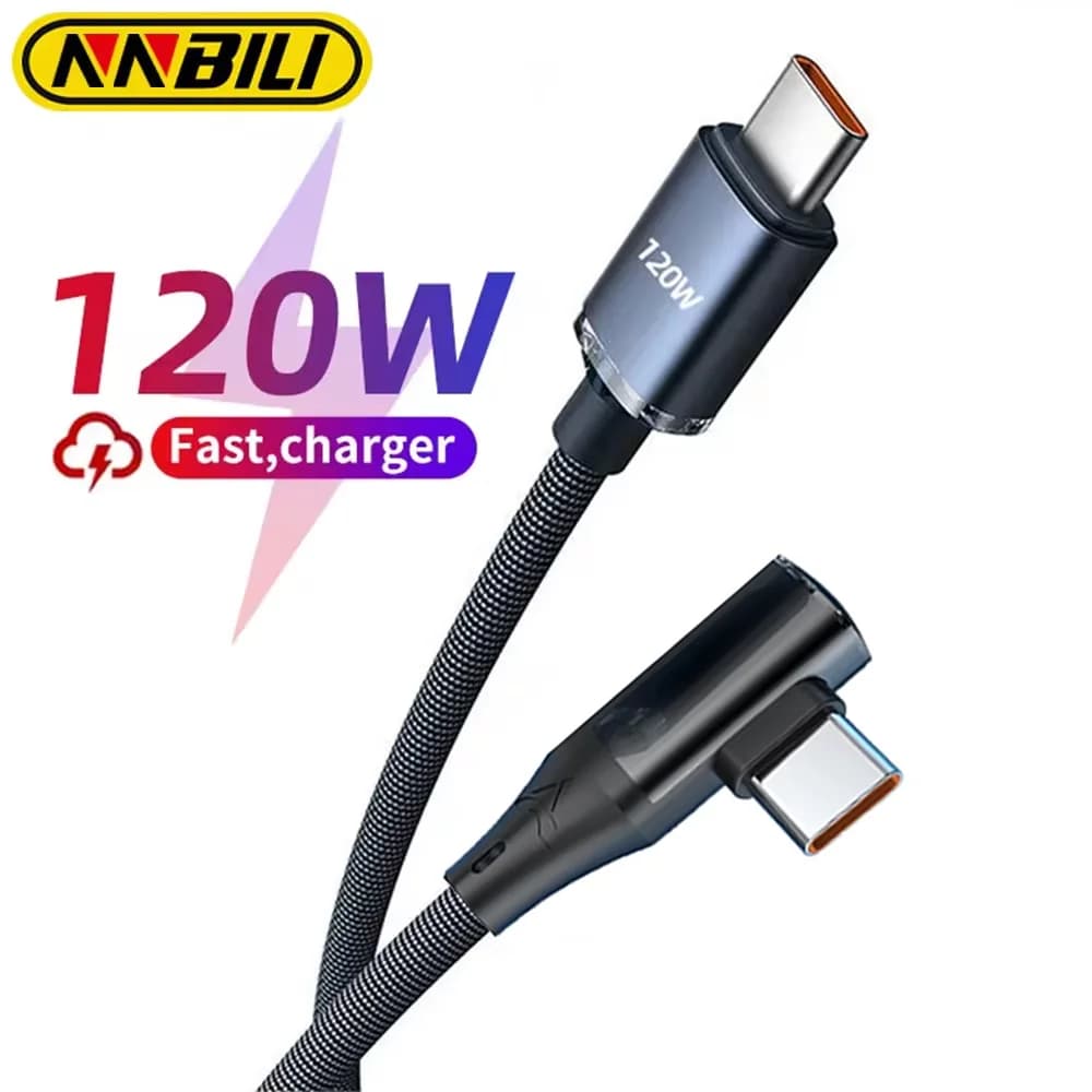 NNBILI 90 Degree Elbow USB A To Type C Cable 120W Fast Charging USBC To Type C Cable For Samsung Xiaomi Huawei Charger Data Cord