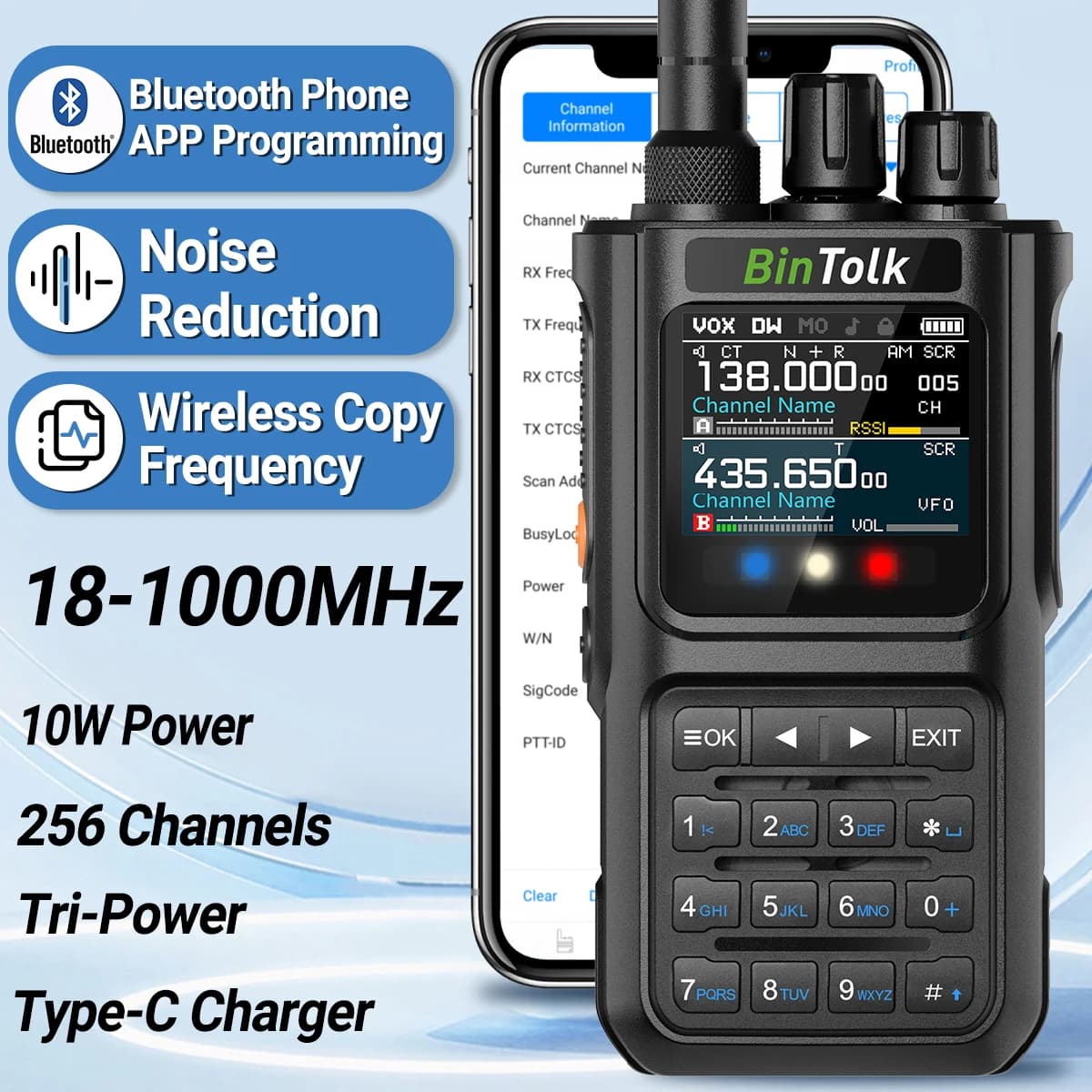 BinTolk BT8000 Walkie Talkie 10W Full Band Wireless Bluetooth Programme Noise Reduction Type-c Charger Portable Two Way Radio