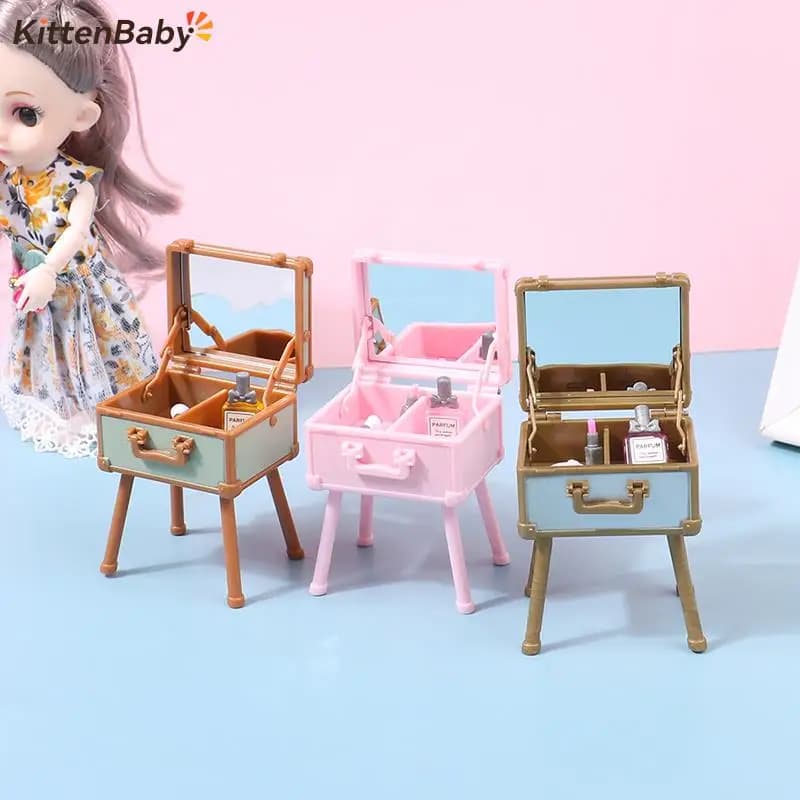 1Set 1:12 Dollhouse Mini Vanity Cosmetic Case Lipstick Perfume Air Cushion Mirror With Holder Furniture Decor Play House Toys