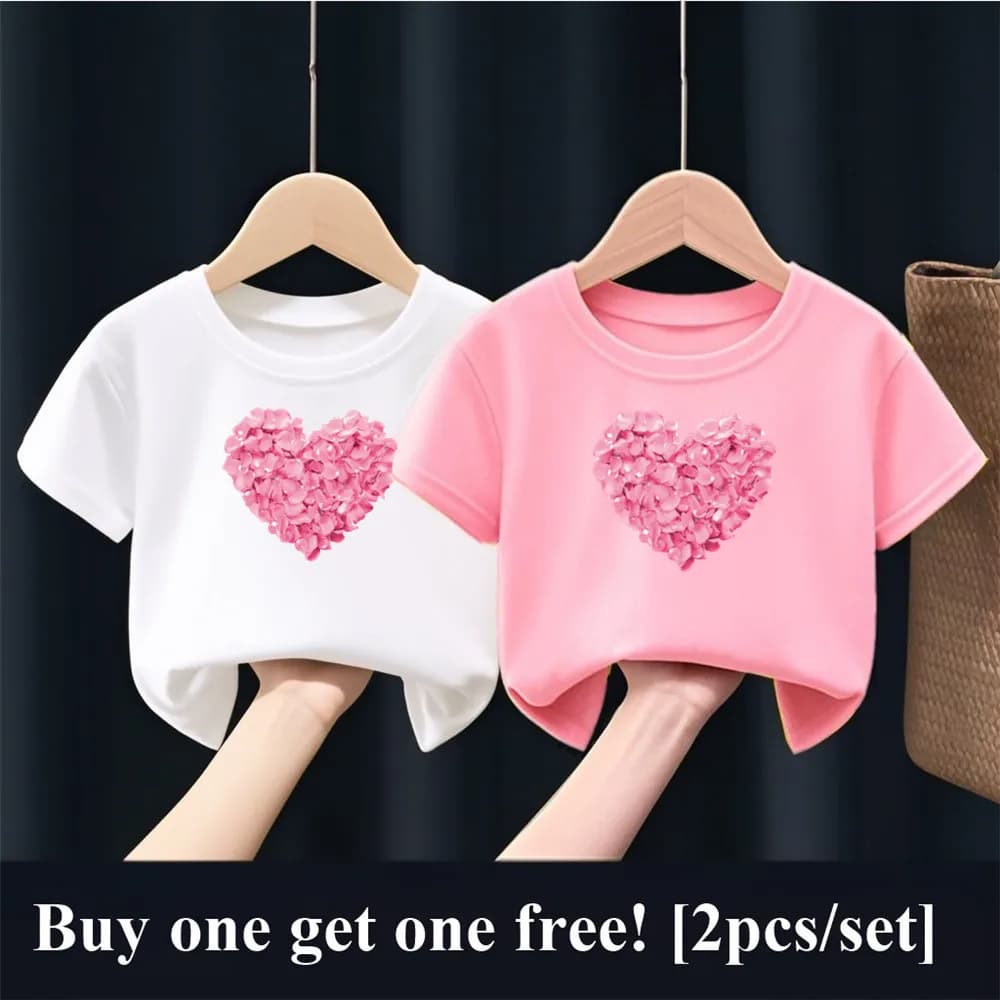 2pcs/Set Girls Fashion Summer Best Friends T Shirt Heart Flower Tees Shirt Short Sleeve Sister Matching Outfit Kids Tops