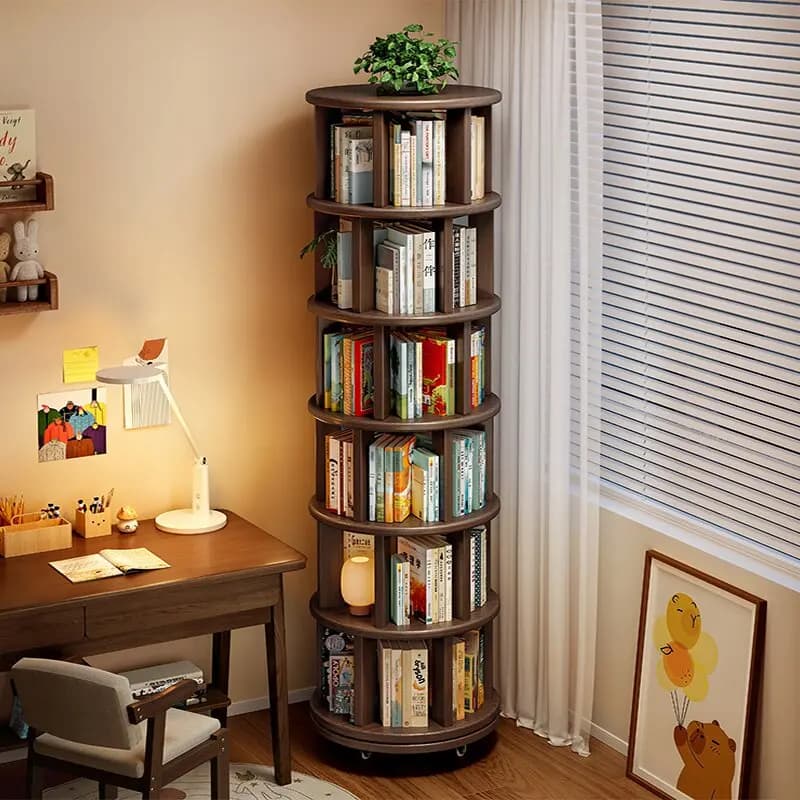 360-Degree Rotating Solid Wood Bookshelf: Floor-to-Ceiling, Wall-Mounted, Narrow Corner Cabinet