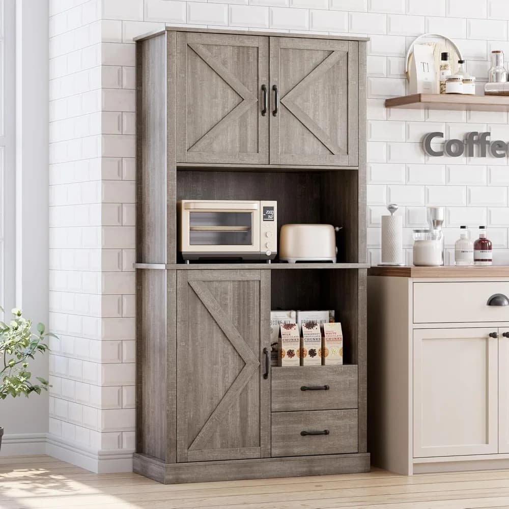 Modern Kitchen Pantry Cabinet with Microwave Stand with Drawers & Adjustable Shelves, for Dining Room,Grey