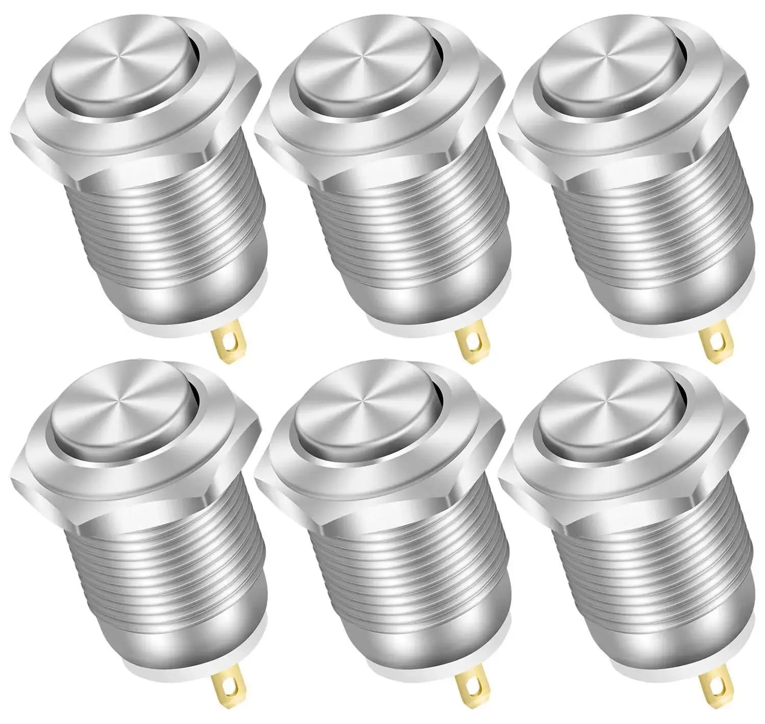 6pcs 12mm Momentary Push Button Switch 12V Waterproof Power Pushbutton Small Round Chrome Stainless Metal 2pin N/O