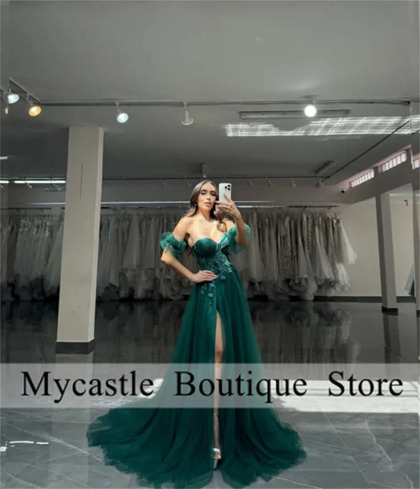 Mexico Hunter Green Tulle Beaded Mermaid Prom Dress 2025 Sweetheart Lace Applique Side Slit Evening Dress Party Gowns Customized