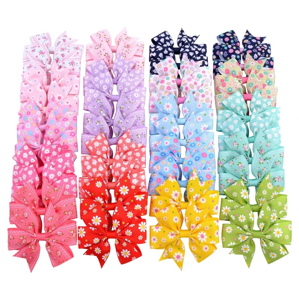 20pcs/lot Printed Flower Hairpins Hair Bows with Clip for Baby Girls Grosgrain Ribbon Daisy Hair Clip Barrettes Hair Accessories
