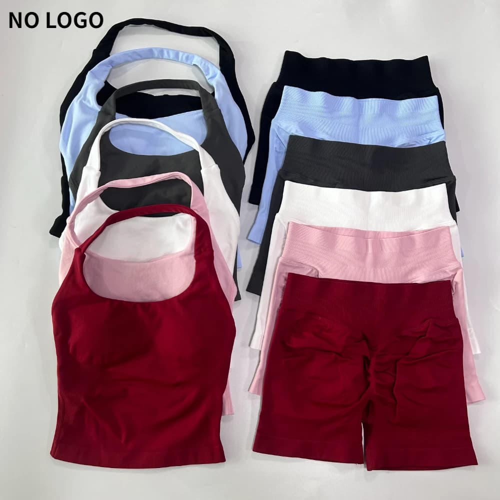 No Logo 2 Pieces Gym Set Women Backless Halter Tops High Waist Seamless Shorts Gym Suit Fitness Clothes Sportswear Workout Sets