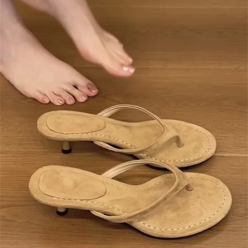 Brand Suede Fashion Slippers For Women Luxury Simple Round Toe Stiletto Mid-heel Versatile New Stiletto Summer Elegant Flip-flop