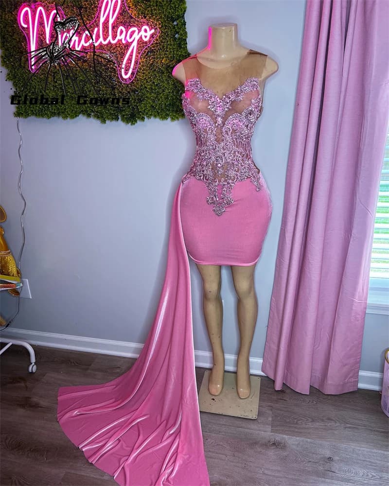 Sexy Pink Bead Applique Short Prom Dress For Black Girl 2024 Backless Birthday Party Dresses Mini Cocktail Homecoming Customized