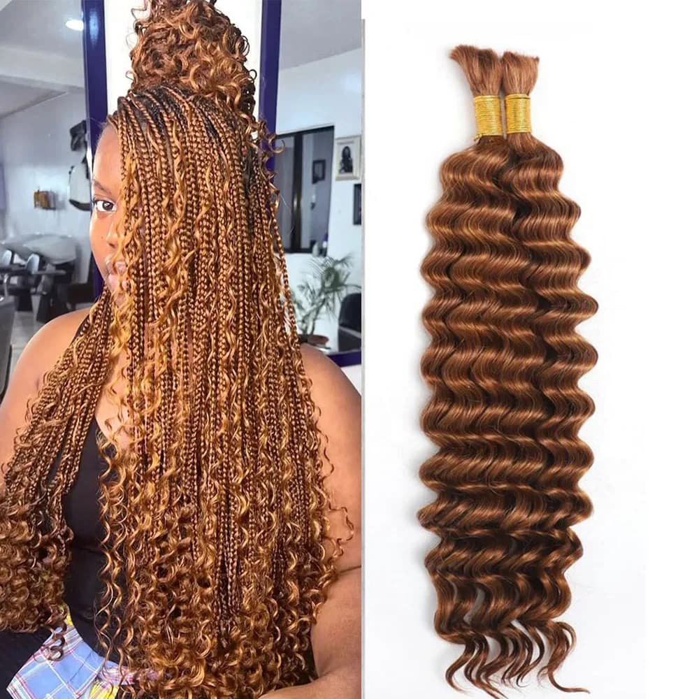 30# Chocolate Brown Deep Wave Bulk 100G 2 Bundles Human Hair for Boho Braids Curly Braiding Hair 14-24 inch Remy Hair Brazilian