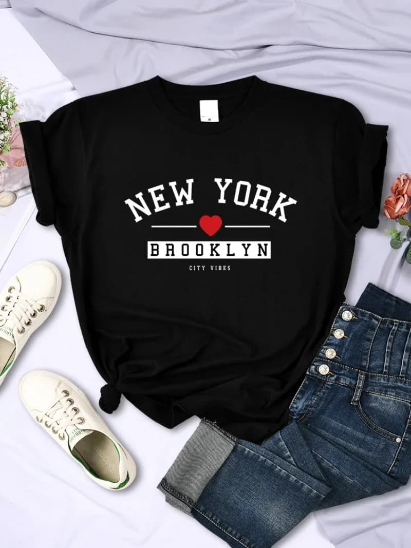 Summer Casual Crop Top Street Cool Tee Shirt Fashion O-Neck Sport T Shirts New York Brooklyn City Vibes Letter T-Shirt Women