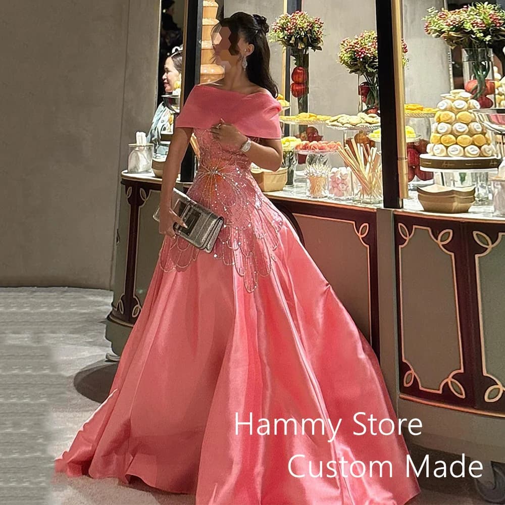 Saudi Arabian Evening Dress Customized Off The Shoulder Boat Neck Beading A Line Satin Prom Gown Arab Party Dresses Pageant