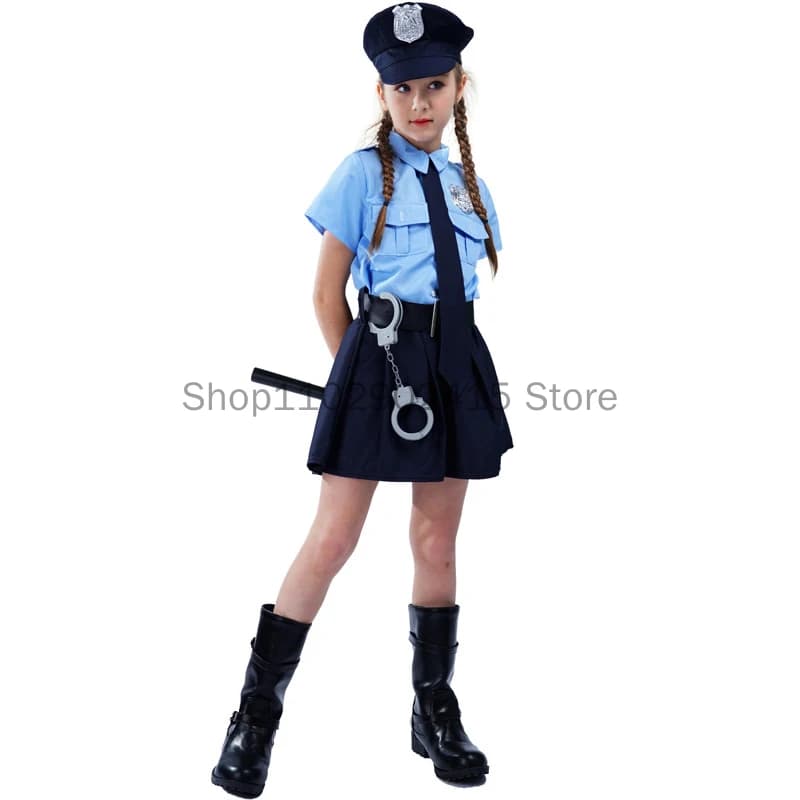 Kids Police Uniform Carnival Girls Dress Children Policeman Stage Party Cosplay Costume Hat Tie Belt Handcuffs Outfits Set