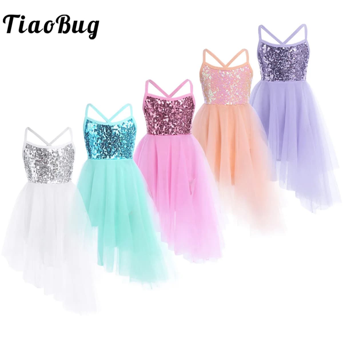 Kids Girls Sequins Ballet Tutu Dress Sleeveless Hi-lo Fairy Tulle Gymnastics Leotard Dress Ballerina Dance Performance Costumes