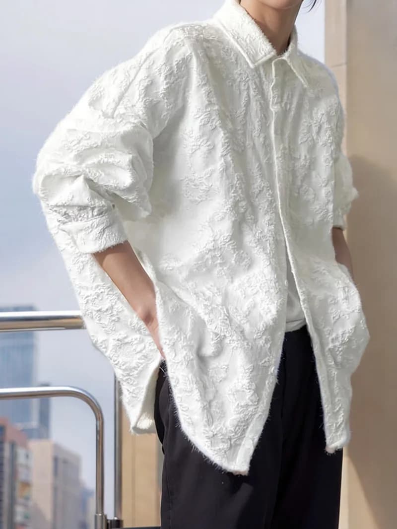 2XL White New Crumpled Jacquard Shirt Loose Fashion Solid Color Casual Turn-down Collar Top New All-match Bat Wing Sleeve P7W