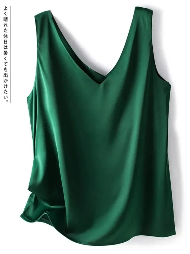 Woman T-shirts Elegant SILK Satin Blouse Sleeveless Female Summer 2025 Casual Loose Tanks and Camis Solid Green Tops for Women