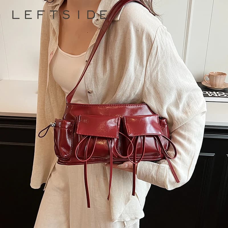 LEFTSIDE Double Pockets Design PU Leather Shoulder Bags For Women 2025 New Fashion Trend Crossbody Bag Females Silver Handbags